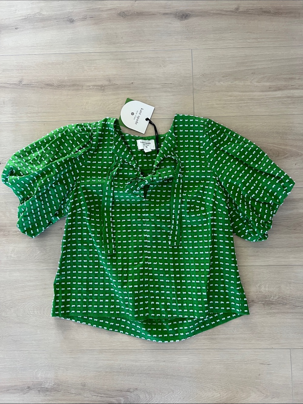 Kate spade NWT Green Printed Tie-Neck Puff Sleeve Top XS